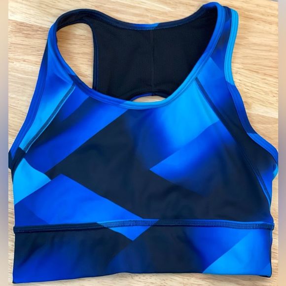 Athleta Sport Bra Keyhole Back‎ Reflective Logo Geometric Black Blue Size S - Picture 1 of 10
